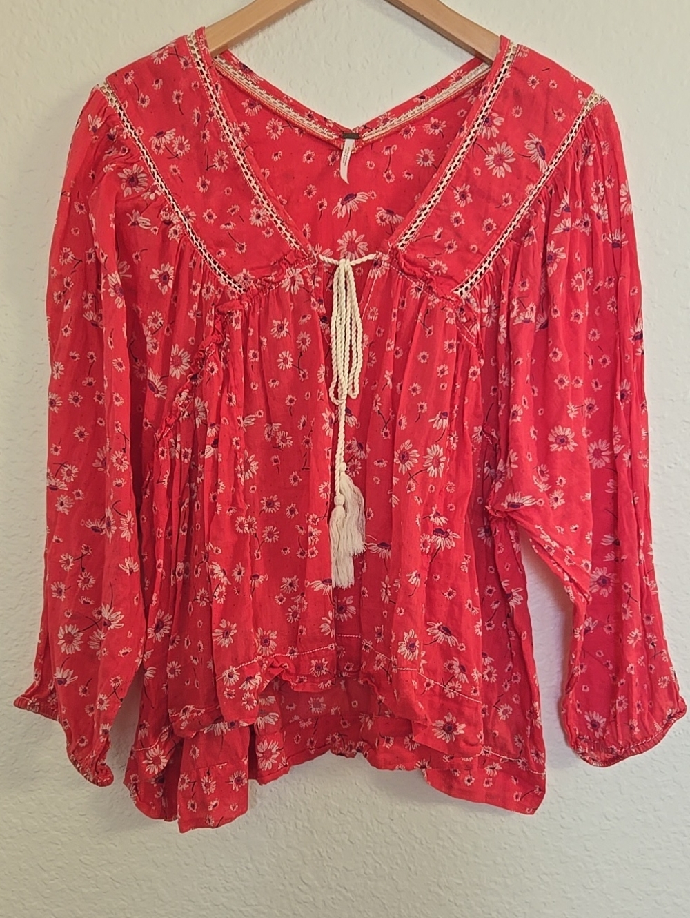 Free People Red Floral Boho Peasant Tunic with Tassel Tie - Picture 2 of 8